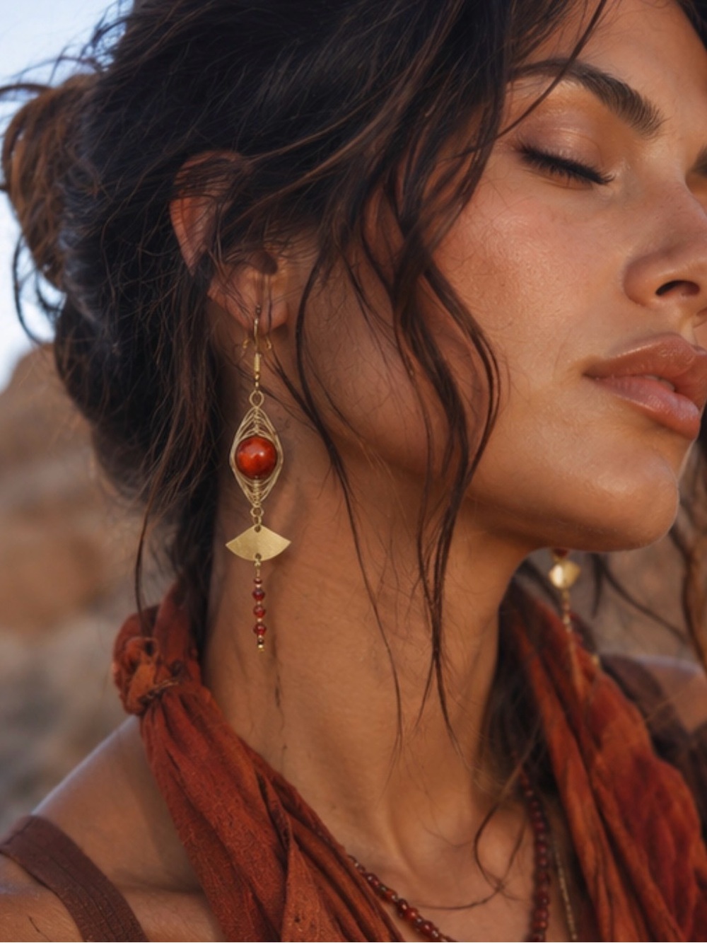 Gold-Tone Red Bead Drop Earrings - Boho Statement